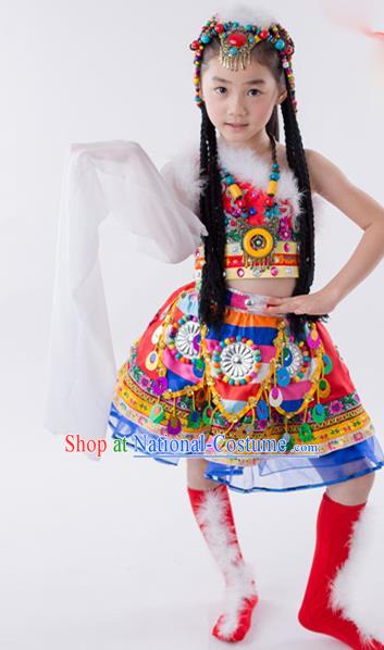 China Zang Minority Kids Dance Rosy Dress Uniforms Tibetan Nationality Girl Apparels Ethnic Children Performance Costumes