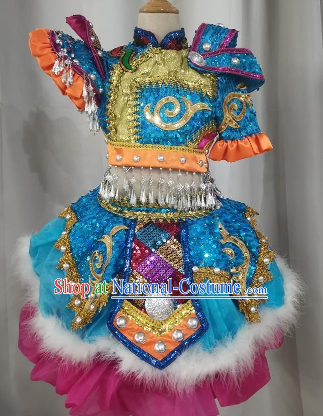 China Xiangxi Ethnic Children Performance Costumes Miao Minority Kids Dance Blue Dress Uniforms Pumi Nationality Girl Apparels