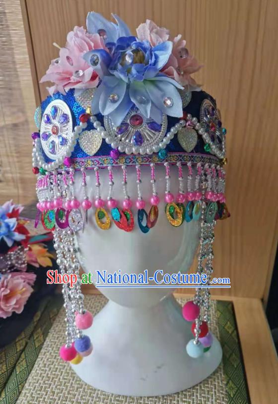 Chinese Nujiang Lisor Minority Girl Headdress Lisu Ethnic Folk Dance Blue Hat Pumi Nationality Children Headwear