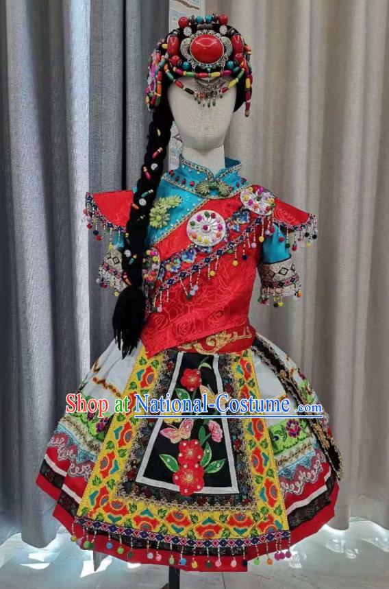 China Pumi Minority Kids Dance Dress Uniforms Lisu Nationality Girl Performance Apparels Ethnic Children Folk Dance Costumes