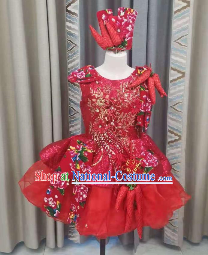 China Girl Dance Clothing Children Compere Red Dress Modern Dance Fashion Chorus Performance Costume