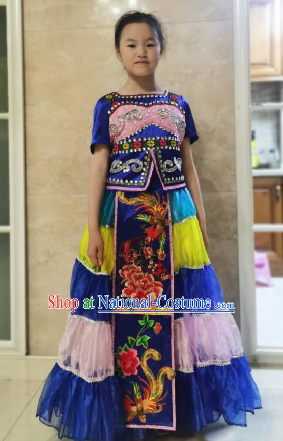 China Yi Minority Children Blue Dress Uniforms Qiang Nationality Girl Performance Apparels Xiangxi Ethnic Folk Dance Costumes