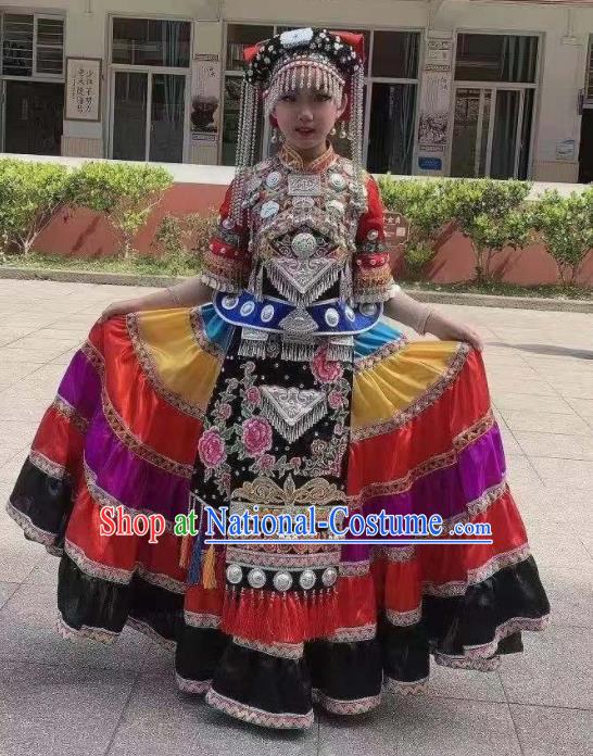 China Qiang Ethnic Folk Dance Costumes Yi Minority Children Festival Dress Uniforms Bouyei Nationality Girl Performance Apparels