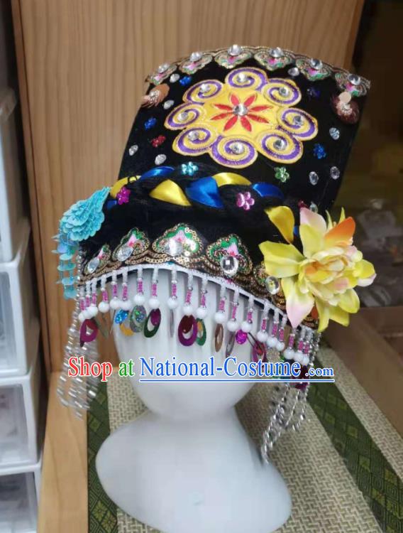 Chinese Qiang Minority Girl Headdress Yunnan Ethnic Folk Dance Tassel Hat Pumi Nationality Children Headwear