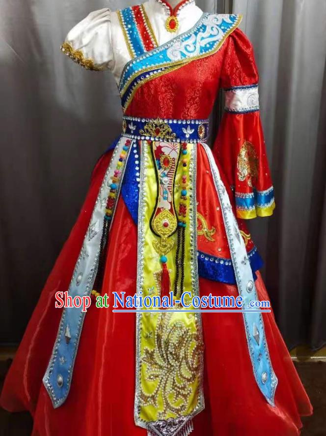 China Ethnic Girl Folk Dance Costumes Zang Minority Festival Red Dress Uniforms Tibetan Nationality Children Performance Apparels