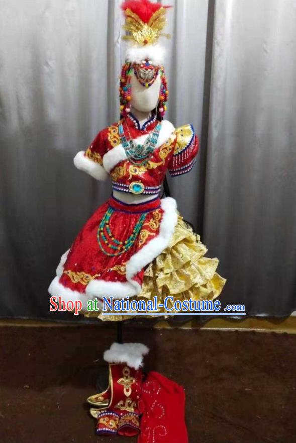 China Zang Minority Festival Short Dress Uniforms Tibetan Nationality Children Performance Apparels Xizang Ethnic Girl Folk Dance Costumes