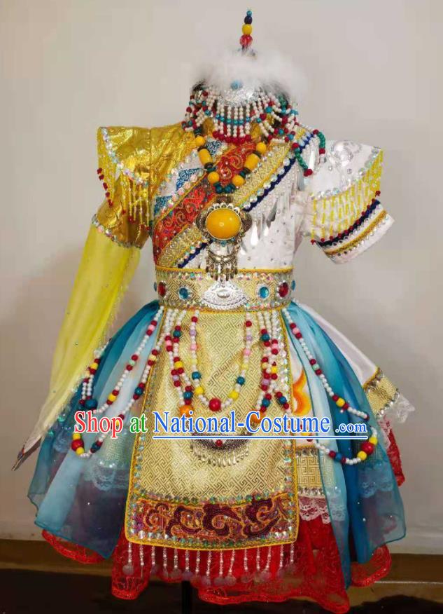 China Xizang Ethnic Girl Folk Dance Yellow Dress Zang Minority Festival Costumes Tibetan Nationality Children Performance Garments