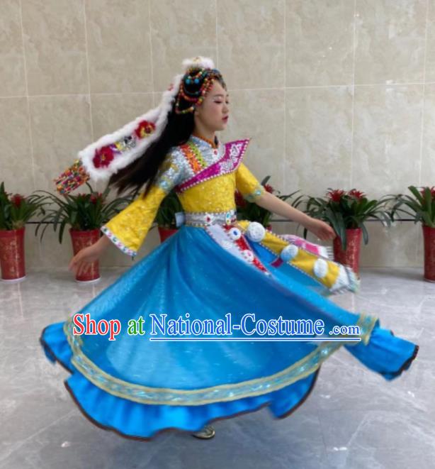 China Tibetan Nationality Children Performance Garments Xizang Ethnic Girl Folk Dance Blue Dress Zang Minority Festival Costumes