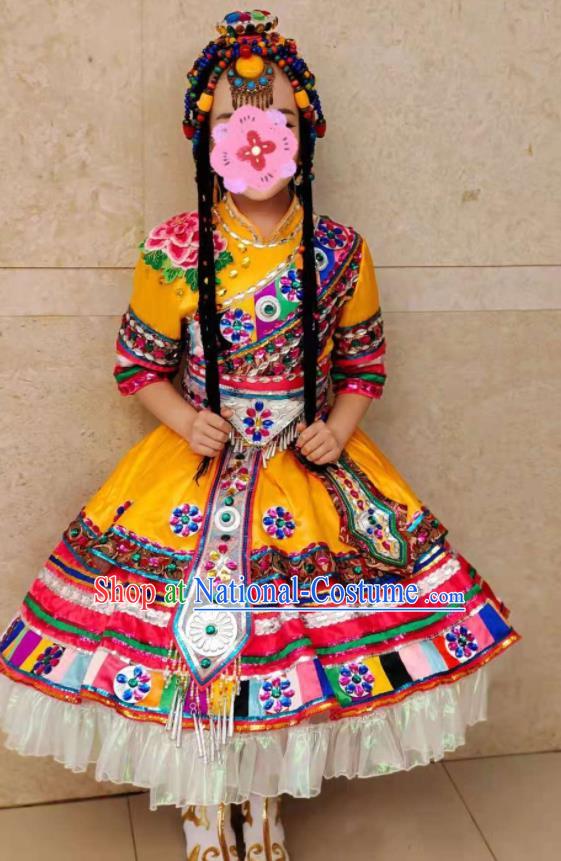 China Ethnic Children Folk Dance Costumes Zang Minority Kids Yellow Dress Uniforms Tibetan Nationality Girl Performance Apparels