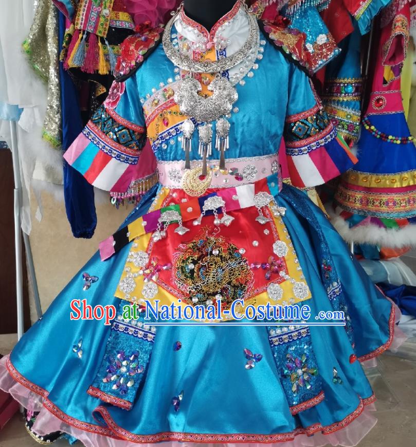 China Lisu Minority Children Blue Dress Uniforms Pumi Nationality Girl Performance Apparels Ethnic Folk Dance Costumes