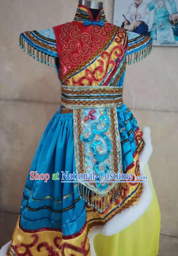 China Zang Nationality Girl Performance Apparels Ethnic Folk Dance Costumes Tibetan Minority Children Dress Uniforms