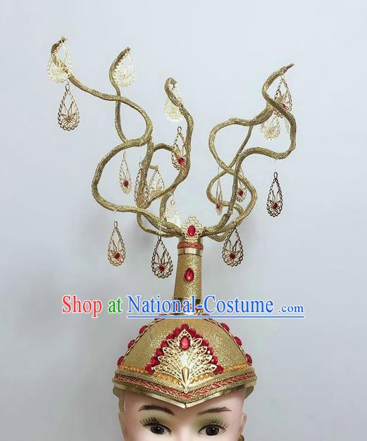 China Mongolian Ethnic Performance Headdress Mongol Nationality Dance Hair Accessories Minority Folk Dance Golden Hat