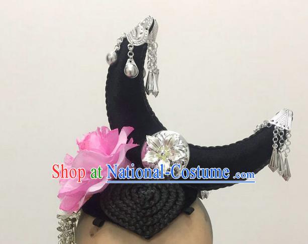 China Hmong Minority Dance Hairpieces Xiangxi Ethnic Performance Wigs Chignon Headdress Miao Nationality Folk Dance Hair Accessories