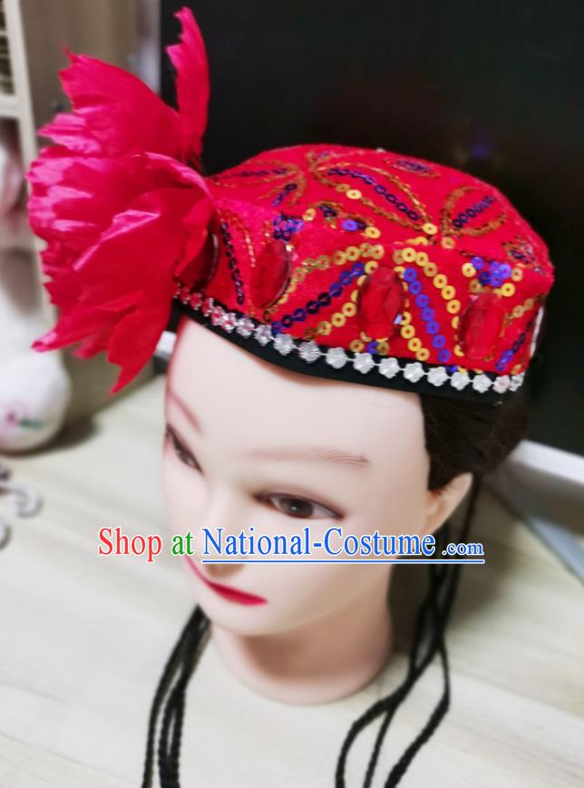 China Xinjiang Minority Dance Headwear Uyghur Ethnic Performance Headpiece Uighur Nationality Folk Dance Red Hat