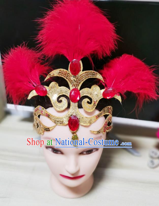 Chinese Stage Performance Headdress Classical Dance Hair Accessories Opening Dance Hair Crown Woman Dance Red Feather Headpiece