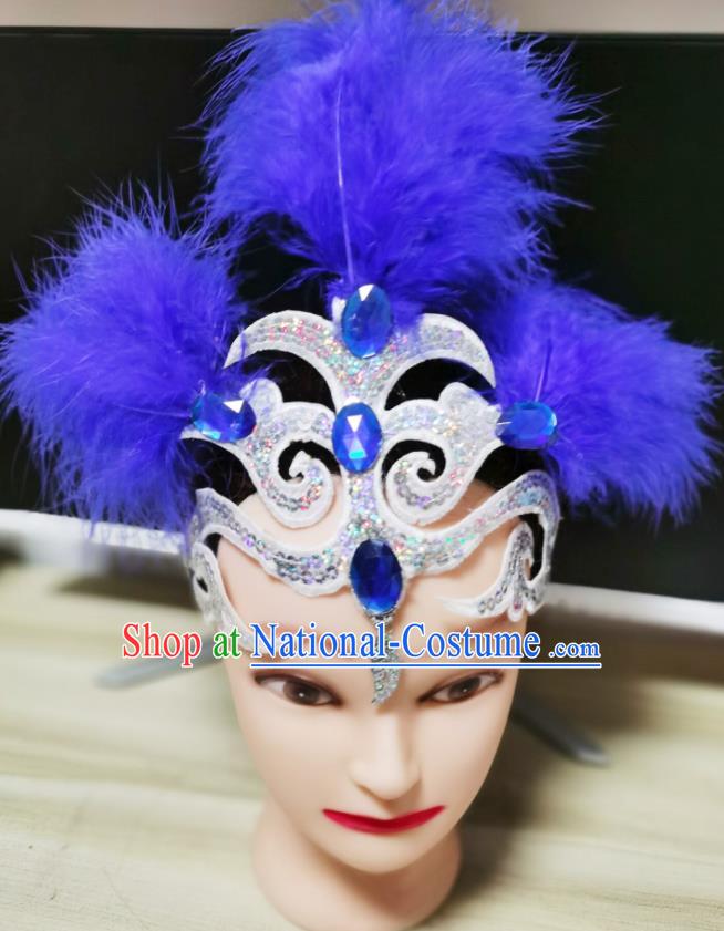 Chinese Opening Dance Hair Crown Woman Dance Blue Feather Headpiece Stage Performance Headdress Classical Dance Hair Accessories