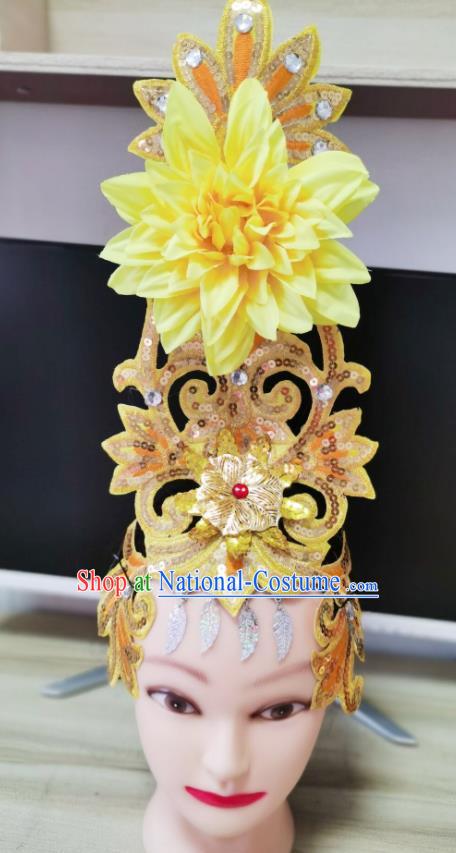 Chinese Opening Dance Yellow Peony Hair Crown Woman Group Dance Hair Accessories Stage Performance Headdress Modern Dance Headpiece