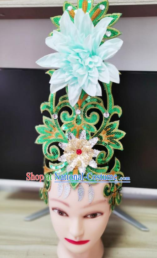 Chinese Modern Dance Headpiece Opening Dance Green Peony Hair Crown Woman Group Dance Hair Accessories Stage Performance Headdress