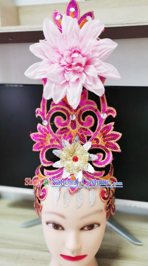 Chinese Stage Performance Pink Peony Headpiece Modern Dance Headwear Opening Dance Hair Crown Woman Group Dance Hair Accessories