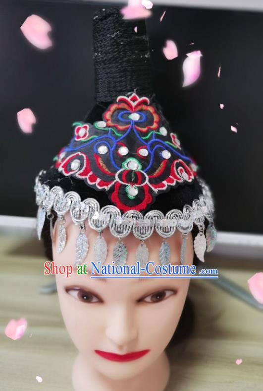 China Dong Nationality Folk Dance Black Hat Xiangxi Minority Dance Headwear Yi Ethnic Performance Headpiece