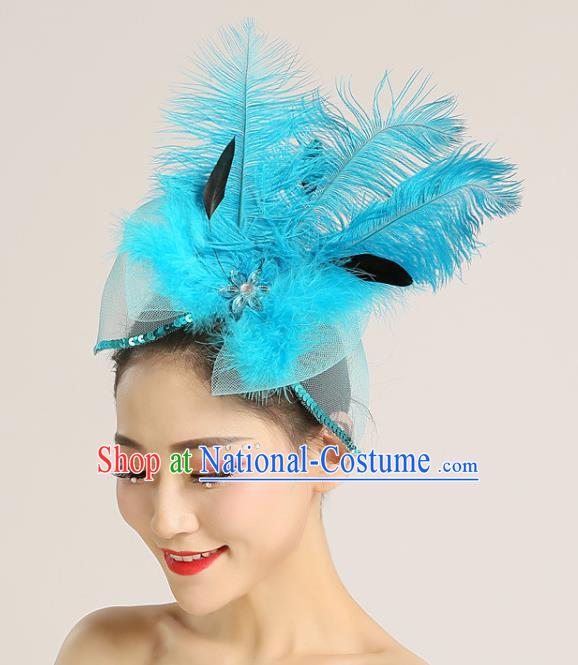 Professional Folk Dance Headdress Yangko Dance Headpiece Modern Dance Hair Accessories Fan Dance Blue Feather Hair Stick