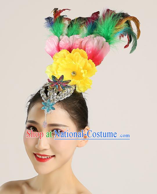 Chinese Yangko Dance Feather Hair Crown Woman Group Dance Hair Accessories Stage Performance Headpiece Folk Dance Headwear