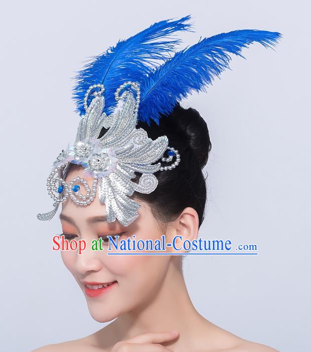 Professional Fan Dance Blue Feather Hair Stick Opening Dance Headdress Yangko Dance Headpiece Folk Dance Hair Accessories