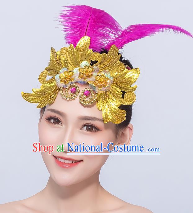 Professional Folk Dance Hair Accessories Fan Dance Rosy Feather Hair Stick Opening Dance Headdress Yangko Dance Headpiece