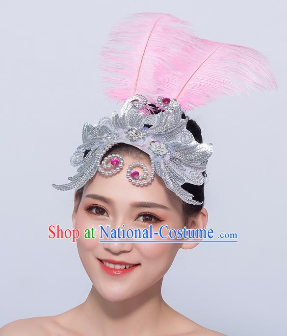 Professional Opening Dance Headdress Yangko Dance Headpiece Folk Dance Hair Accessories Fan Dance Pink Feather Hair Stick