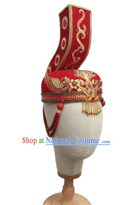 China Mongol Nationality Dance Headwear Minority Folk Dance Red Hat Mongolian Ethnic Performance Headdress