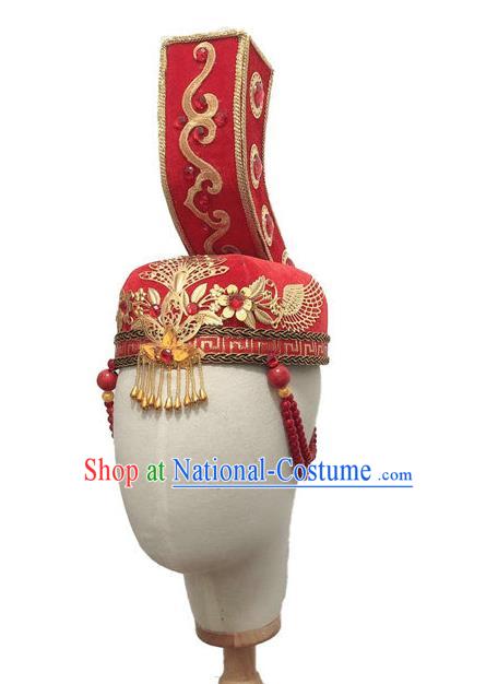 China Mongol Nationality Dance Headwear Minority Folk Dance Red Hat Mongolian Ethnic Performance Headdress