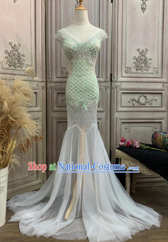 Vintage European Party Garment Costume Annual Meeting Formal Attire Light Green Fishtail Full Dress Ballroom Dance Clothing