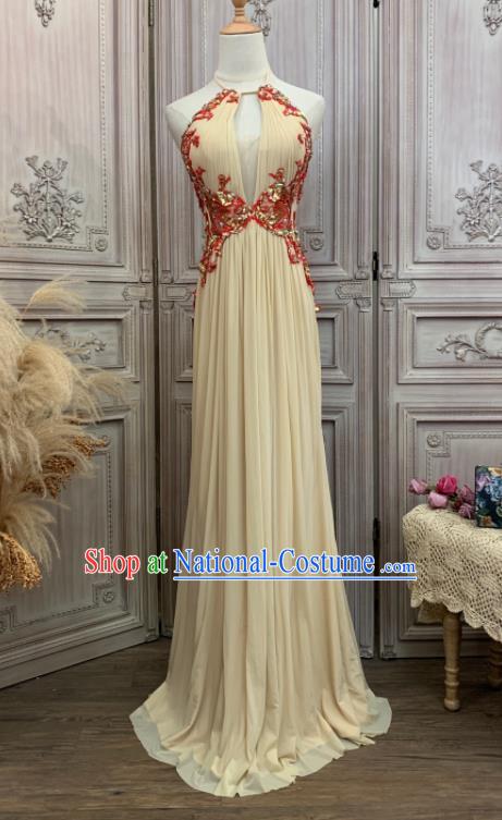 Top European Vintage Garment Costume Annual Meeting Formal Attire Wedding Beige Full Dress Waltz Dance Embroidery Sequins Clothing