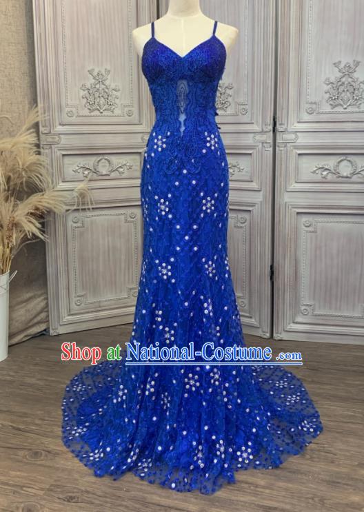 Top European Court Garment Costume Annual Meeting Formal Attire Wedding Royalblue Lace Full Dress Compere Performance Clothing