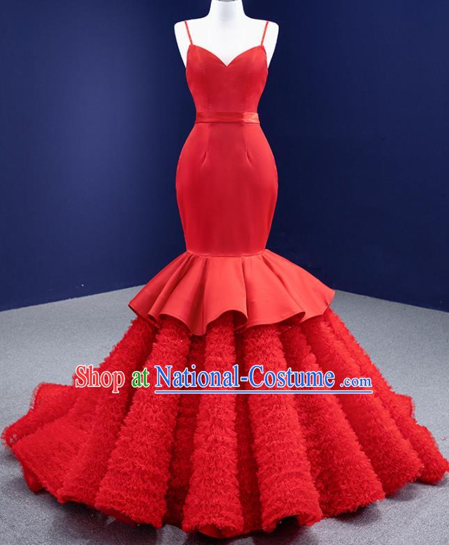 Custom Bride Red Fishtail Dress Stage Performance Garment Costume Luxury Bridal Gown Wedding Dress