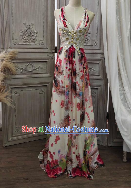 Top European Printing Peacock Garment Costume Annual Meeting Dance Formal Attire Wedding Diamante Full Dress Compere Performance Clothing