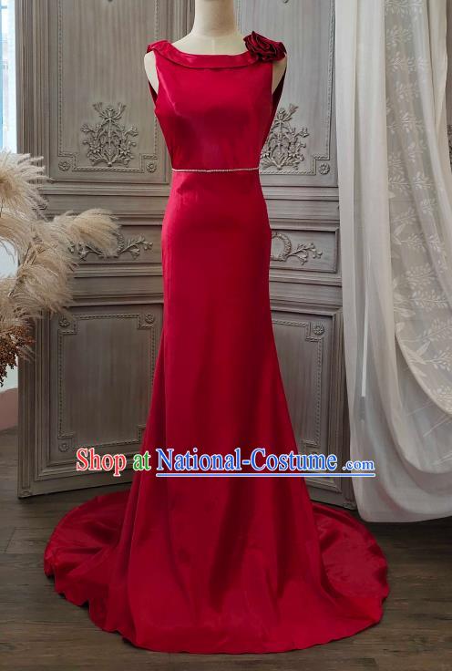 Top Compere Performance Clothing European Bride Garment Costume Annual Meeting Dance Formal Attire Wedding Red Satin Trailing Full Dress