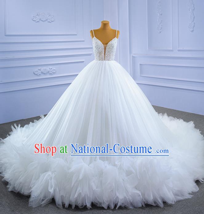 Custom Wedding Dress Formal Garment Bride White Veil Trailing Dress Stage Performance Costume Luxury Bridal Gown