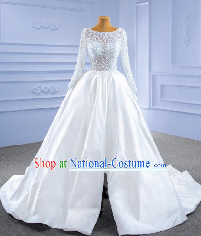 Custom Lace Wedding Dress Ceremony Formal Garment Bride White Satin Trailing Dress Stage Performance Costume Luxury Bridal Gown