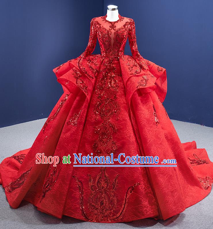 Custom Stage Show Costume Luxury Bridal Gown Embroidery Sequins Wedding Dress Ceremony Formal Garment Bride Red Trailing Dress