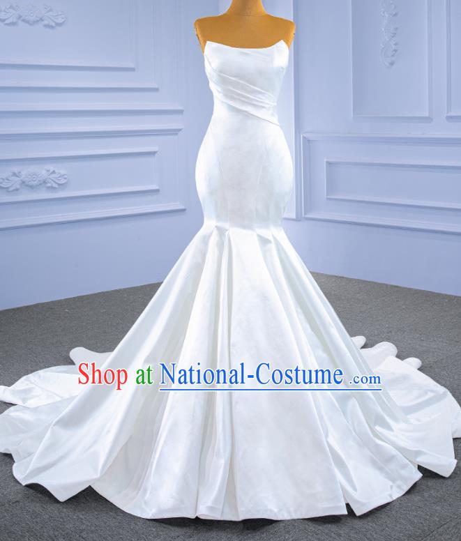 Custom Bride White Satin Trailing Dress Stage Show Costume Luxury Bridal Gown Fishtail Wedding Dress Ceremony Formal Garment