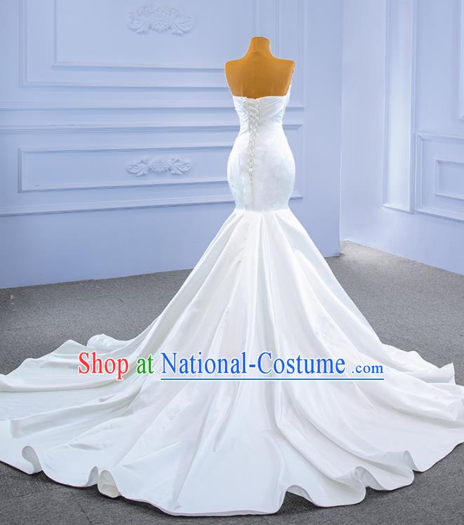 Custom Bride White Satin Trailing Dress Stage Show Costume Luxury Bridal Gown Fishtail Wedding Dress Ceremony Formal Garment