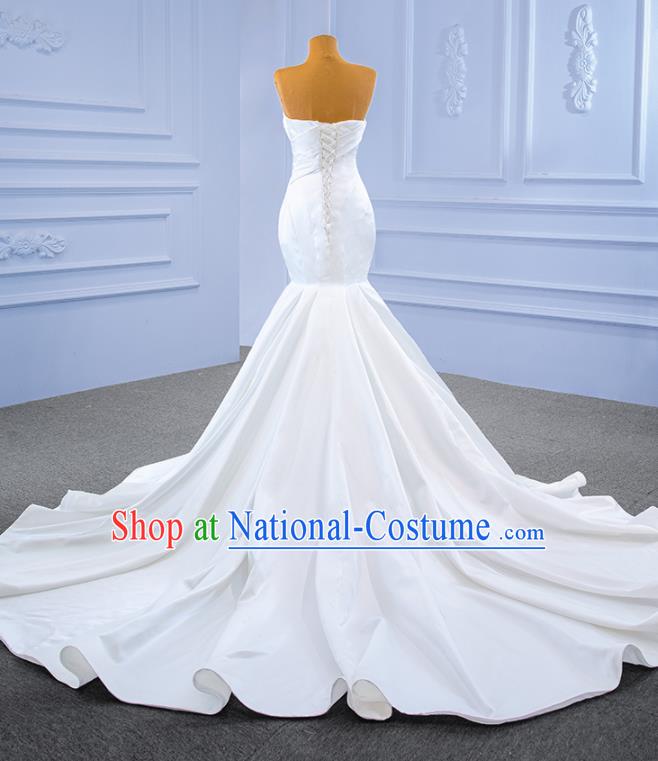 Custom Bride White Satin Trailing Dress Stage Show Costume Luxury Bridal Gown Fishtail Wedding Dress Ceremony Formal Garment