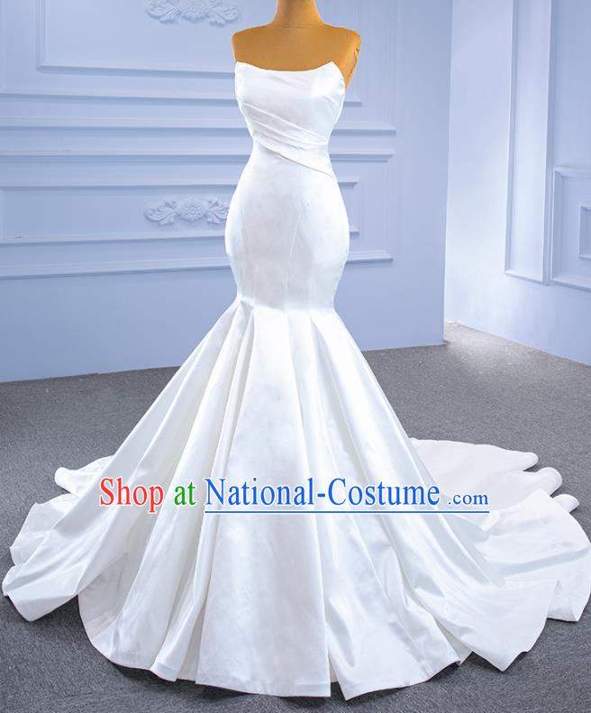 Custom Bride White Satin Trailing Dress Stage Show Costume Luxury Bridal Gown Fishtail Wedding Dress Ceremony Formal Garment