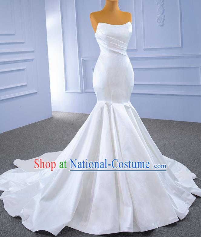 Custom Bride White Satin Trailing Dress Stage Show Costume Luxury Bridal Gown Fishtail Wedding Dress Ceremony Formal Garment