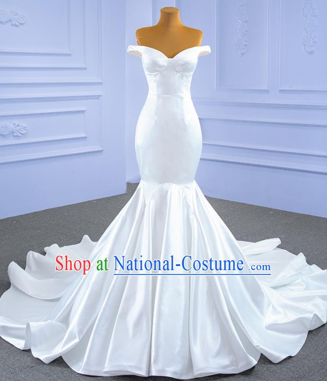 Custom White Satin Wedding Dress Ceremony Formal Garment Bride Long Trailing Dress Stage Show Costume Luxury Bridal Gown