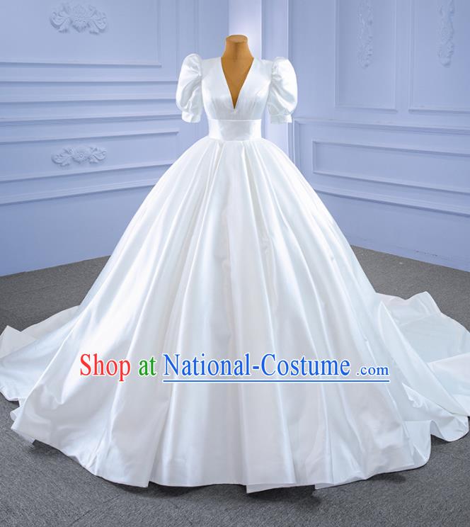 Custom Luxury Bridal Gown Vintage White Satin Wedding Dress Ceremony Formal Garment Bride Long Trailing Dress Stage Show Costume