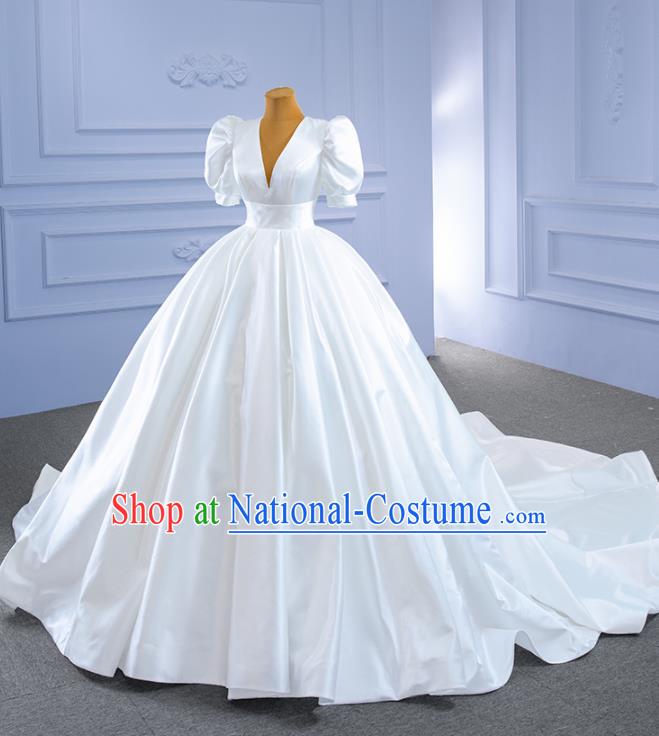 Custom Luxury Bridal Gown Vintage White Satin Wedding Dress Ceremony Formal Garment Bride Long Trailing Dress Stage Show Costume