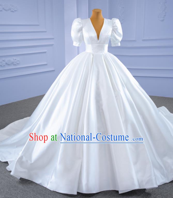 Custom Luxury Bridal Gown Vintage White Satin Wedding Dress Ceremony Formal Garment Bride Long Trailing Dress Stage Show Costume