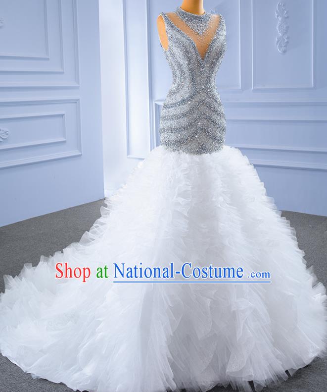 Custom Stage Show Costume Luxury Trailing Bridal Gown Vintage Diamante Wedding Dress Ceremony Formal Garment Bride Full Dress